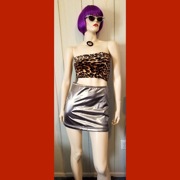 Vintage 90s BUFFALO Metallic Silver Space Age MOD PUNK GLAM PVC Mini Skirt - Picture 2 of 11